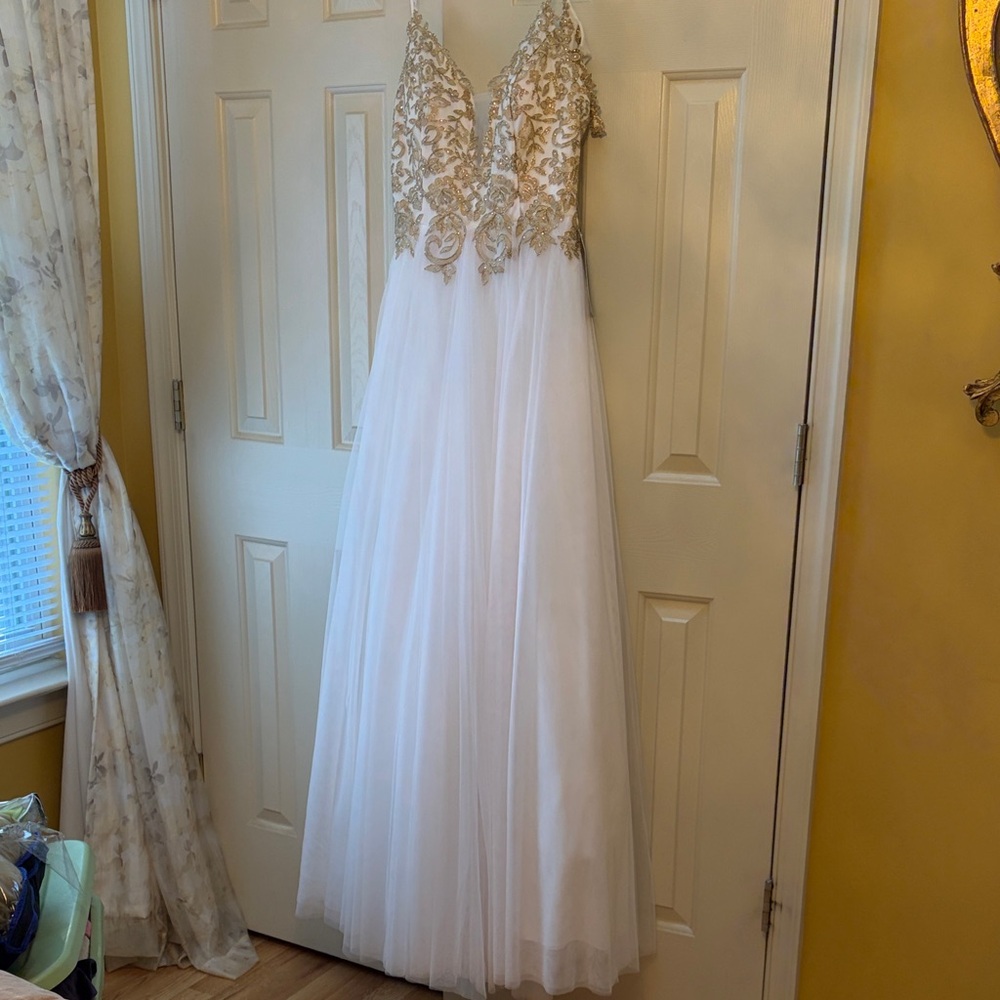 TLC White Prom Dress with Gold Embellished Bodice
